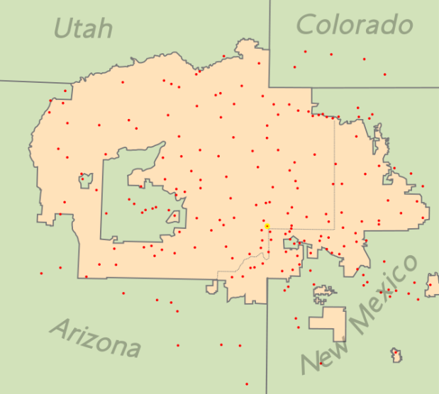 Navajo Nation. O territorio en cor laranxa, así como os estados de Utah, Colorado e New Mexico, cambia a hora. O resto do mapa en verde, non.